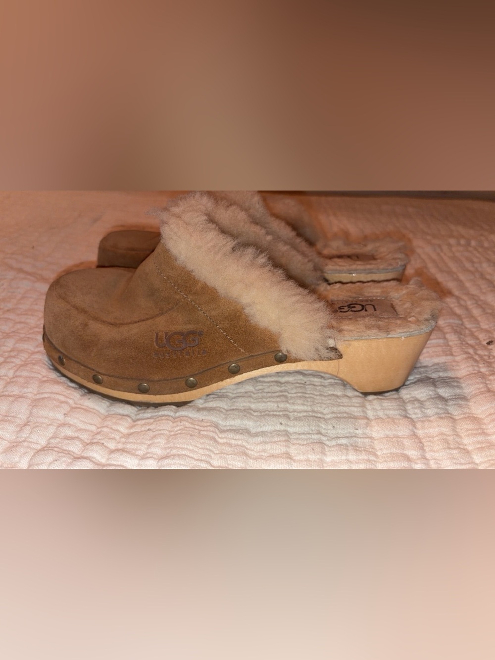 UGG Chestnut Suede Shearling Clog Mules
